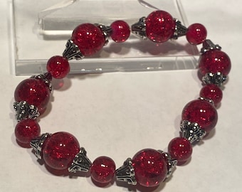 Red crackle glass bead bracelet, Mother’s Day gifts, gift for Mom, 7.5 inch bracelet