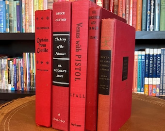 Red and black vintage book stack
