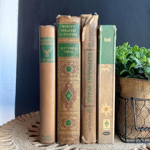 Brown and Green shabby books for decor, farmhouse decor, vintage children’s books