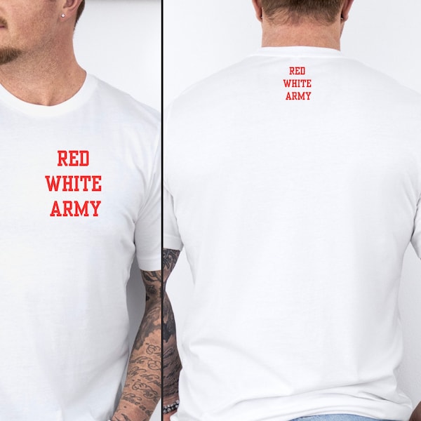 Red White Army Football T shirt, Retro Red White Football Top, Red White Army Supporters Tee, Red White Embroidered T shirt, Gift For