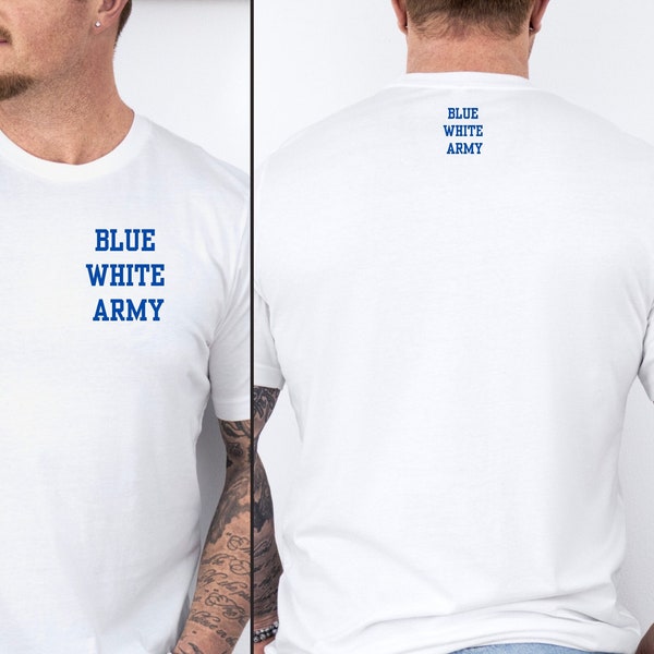 Blue White Army Football T shirt, Retro Blue White Football Top, Blue White Army Supporters Tee, Blue White Embroidered T shirt, Gift For