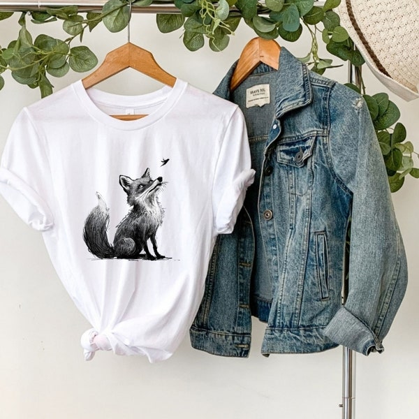 Mystical Fox and Bird Unisex Cotton Tee, Hand Drawn Graphic Shirt for Animal Lovers, White And Black Nature T shirt, Cute Fox And Bird Top