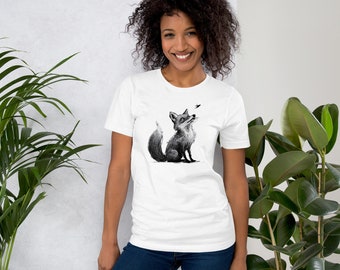 Mystical Fox and Bird Unisex Cotton Tee, Hand Drawn Graphic Shirt for Animal Lovers
