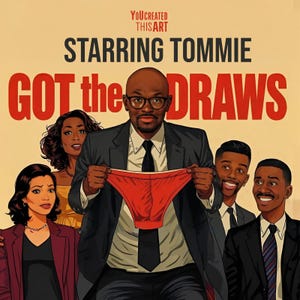 May include: Digital art poster featuring a group of people. A man in a suit holds up red underwear. The text "YOU CREATED THIS ART" and "STARRING TOMMIE GOT the DRAWS" are displayed in bold fonts.