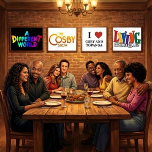 Könnte beinhalten: Digitales Kunstwerk einer Abendessenszene mit Personen, die an einem Holztisch sitzen. Darüber zeigen gerahmte Kunstwerke die Texte "A Different World", "The Cosby Show", "I ❤️ Cory and Topanga" und "Living Single".