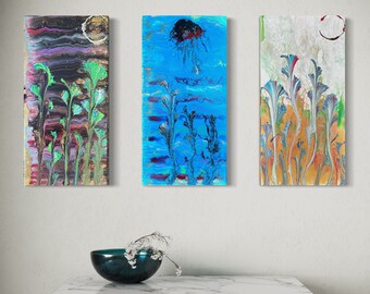 Handmade Acrylic Painting - 3 Piece Underwater Ocean Floral 10x20 inch