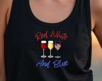Regata feminina vinho tinto e azul, unissex, 4 de julho, regata para festa de 4 de julho, camisa de vidro de vinho