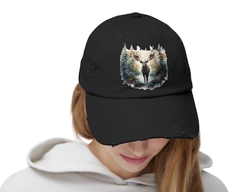 Men's Washed Cotton Baseball Cap - Moose Silhouette Embroidered, Adjustable Dad Hat (Green, 7 3/8)