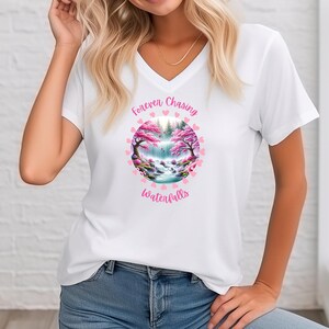 Forever Chasing Waterfalls Dreams Sunsets True Beauty Go Chasing Waterfalls Mental Health Positive Meditation Yoga Short Sleeve V-Neck Tee