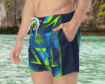 Printed men's swimming trunks full of sharp lines with the perfect harmony of green and blue