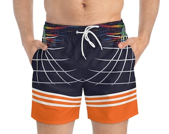 Orange and Navy Blue Combination Stripes Printed Swim Trunks for Men