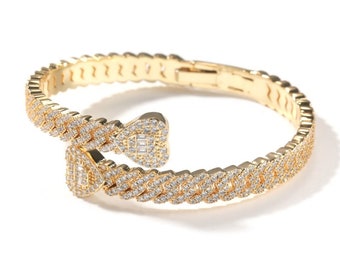 Heart Miami Cuban Bracelet | Cuff Bracelet | Baguette Bracelet | Micro paved Cubic Zirconia | Wrist Cuff Bangle