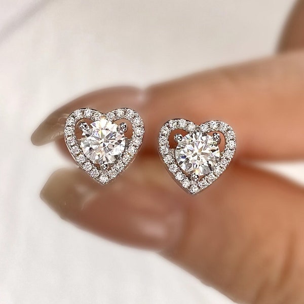 Moissanite Diamond Heart Halo Stud Earrings | 925 Sterling Silver | Luxury Fine Jewelry | 0.5 Carat Moissanite Earrings | Heart Earrings