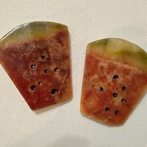 Vintage Italian Alabaster Stone Fruit – Pair of Watermelon Slice Carvings, Mid Century Modern Kitchen Décor Set of 2