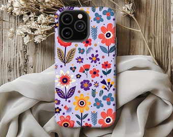 May include: A phone case with a colorful floral pattern. The case features a variety of flowers in shades of red, orange, yellow, purple, and blue. The background is a light purple.