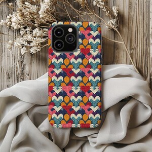 Hearts Faux Embroidery Phone Case | iphone | Samsung | Google | Tough Phone Case | Compatible - wireless charging