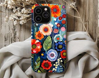 May include: A colorful phone case with a floral design. The case features a variety of flowers in shades of red, blue, green, and yellow. The case is made of a durable material and is designed to protect your phone from scratches and bumps.