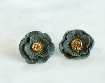 Poppy Floral Ceramic Earrings, 22kt Gold Luster Detail