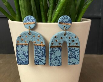 Matte Blue Green Ceramic U Shaped Earrings, 22kt Gold Luster Boho Jewelry