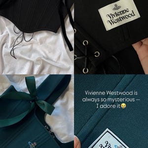 May include: A black corset top with velvet ribbon shoulder ties and a small embroidered orb logo, alongside a dark green corset top featuring matching ribbon ties and a Vivienne Westwood Man label with an orb emblem on the fabric.