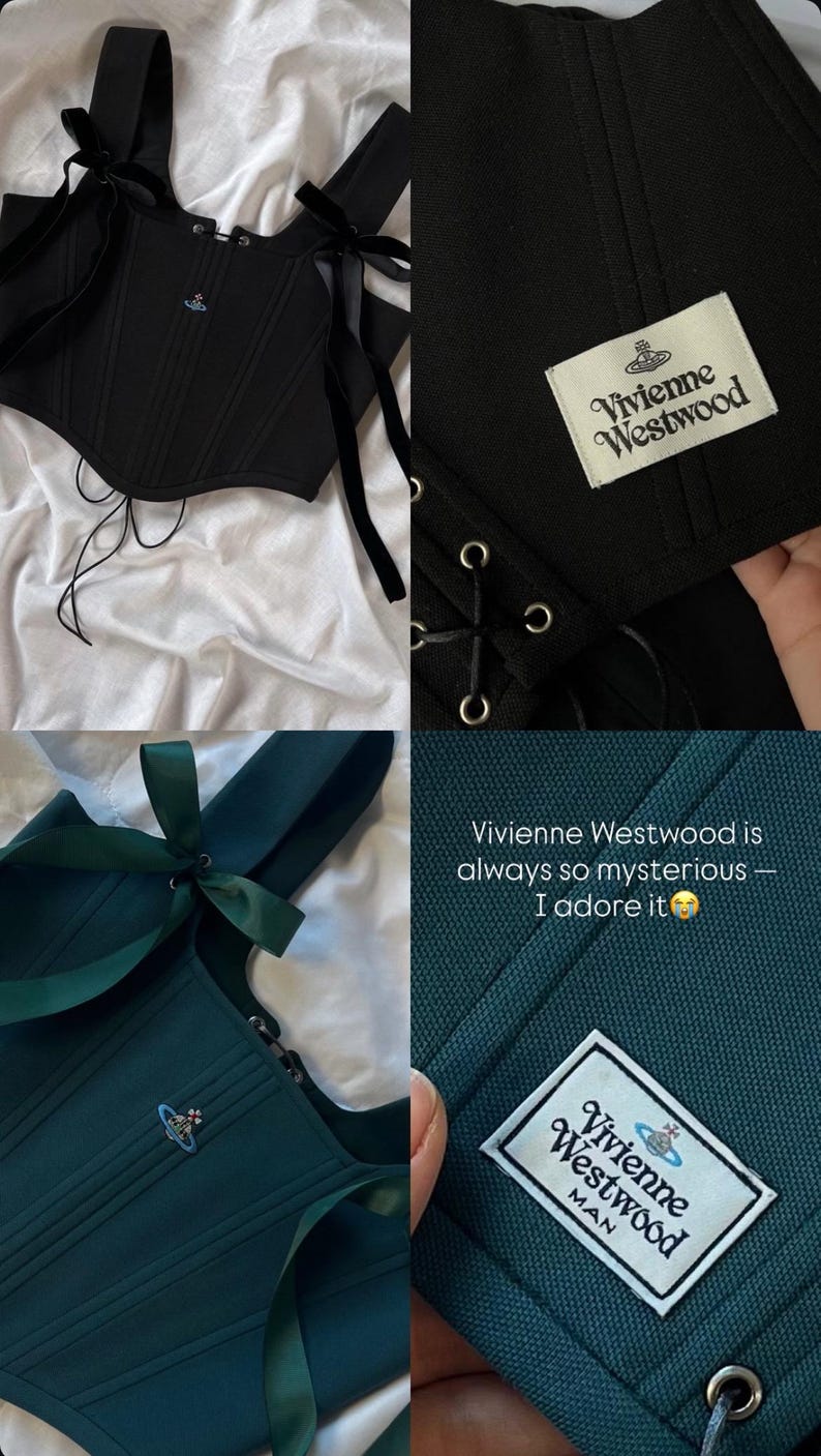 May include: A black corset top with velvet ribbon shoulder ties and a small embroidered orb logo, alongside a dark green corset top featuring matching ribbon ties and a Vivienne Westwood Man label with an orb emblem on the fabric.