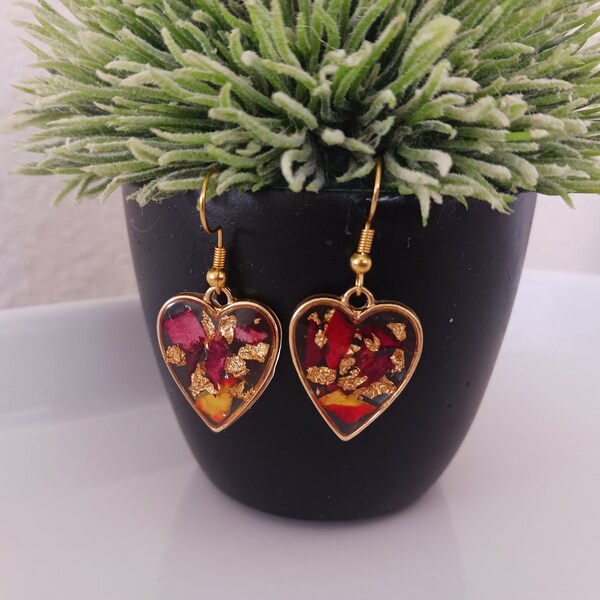 Handmade pressed flower earring gift for her rose flower necklace gift for mom heart dangle jewelry for wife real flower resin drop earring