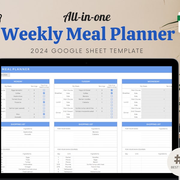 All in One Weekly Meal Planner and Grocery List | Google Sheets Digital Template | Automated Shopping List | Food Prep | Printable