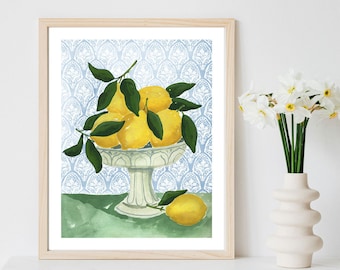 Lemons Print Lemon Art Print Watercolor Bowl of Lemons Kitchen Wall Decor Painting Art Print Food Citrus Fruit Painting Still Life Farmhouse