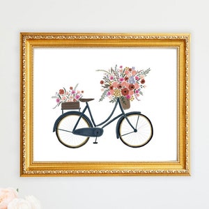 Vintage Blue Bike Bicycle With Flower Basket Wall Art Print Watercolor Painting Flowers Illustration Farmhouse Children Nursery Decor