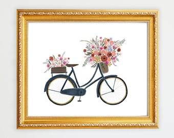 Vintage Blue Bike Bicycle With Flower Basket Wall Art Print Watercolor Painting Flowers Illustration Farmhouse Children Nursery Decor