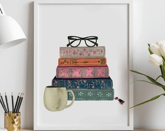 Stack of Books Vintage Book Wall Art Print Watercolor Bookshelf Read  Painting Home Office Bookworm  Library Reading Nook Coffee Cup Glasses