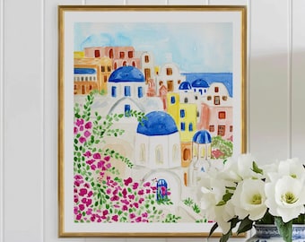 Santorini Greece Watercolor Art Print Travel Houses Colorful Coastal Flowers Bohemian Souvenir Map Painting Illustration Girls Wall Decor