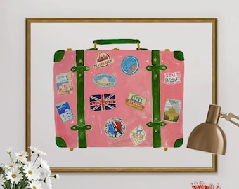 Travel Art Print Vintage Suitcase With Travel Stickers Positano