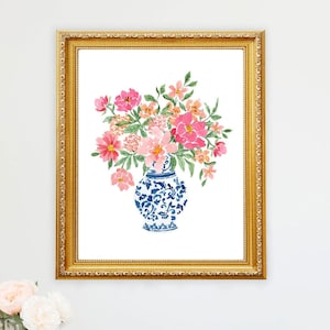 Peony Art Print Bouquet Floral Flowers Watercolor Peony Peonies Blue White Vase Ginger Jar Apartment Grand Millenial Style Wall Art Decor