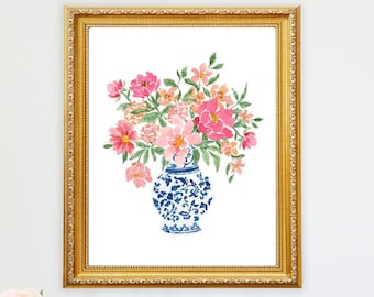 Peony Art Print Bouquet Floral Flowers Watercolor Peony Peonies Blue White Vase Ginger Jar Apartment Grand Millenial Style Wall Art Decor
