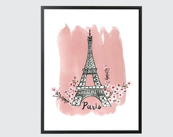 Paris Eiffel Tower Cherry Blossom Europe Travel Black White Pink French Girl Tween Teen Art Print Wall Art Decor Girls Room Watercolor