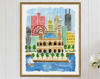 Impression d'art Chicago Navy Pier, décoration murale de Chicago, grande roue, voyage, paysage urbain, horizon de Chicago, architecture, illustration de peinture à l'aquarelle