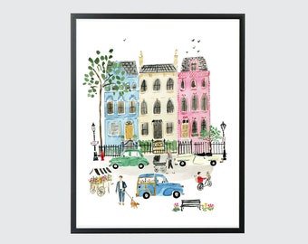 London Art Print, London Wall Decor, London Wall Art, London Illustration, London Street Scene Art, London Neighborhood Art Print