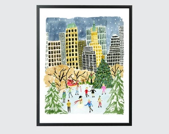 Christmas in NYC Art, Christmas in New York City Art, New York City Art Print, NYC Wall Decor, Ice Skating Print, Rockefeller Center Art