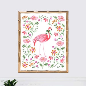 Flamingo Art Print Grand Millenial Wall Decor Chinoiserie Style Pink Bird Bohemian Animal Jungle Tropical Girls Nursery Painting Watercolor
