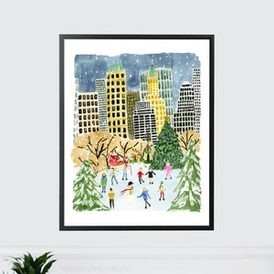 Christmas in NYC Art, Christmas in New York City Art, New York City Art Print, NYC Wall Decor, Ice Skating Print, Rockefeller Center Art