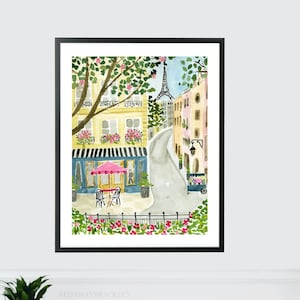 Paris Eiffel Tower Art Print Travel Paris Wall Decor Pink Trees Colorful Floral Flowers Map Painting Illustration Girls Wall Room Decor image 2