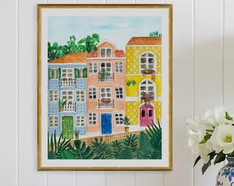 Lisbon Portugal Print Lisbon Wall Art Watercolor Travel  Colorful Tile Houses Plants Architecture Bohemian Painting Illustration Tropical