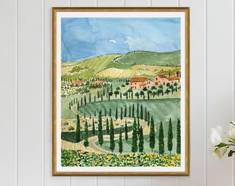 Tuscany Print, Italy Print, Italy Art, Tuscany Art Print, Tuscany Watercolor, Italian Countryside Print, Italy Wall Art, Travel Art Print