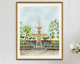 Impresión artística de una fuente del parque Forsyth, Savannah, Georgia, decoración de pared, ilustración, casas de la ciudad, flores coloridas, sala de estar sureña para niñas