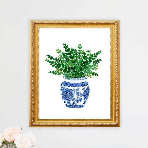 Greenery Botanical Bouquet Blue White Vase Floral Flowers Art Print Ginger Jar Navy Pink Gouache Bohemian Modern Wall Art Decor Farmhouse