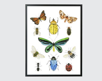 Bug Collection Beetle Art Print Insect Watercolor Butterfly Children's RoomCottagecore Fairycore Wall Decor Painting Girls Boys Nursery