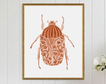 Beetle Patterned Art Print Insect Bug Floral Painting Wall Decor Garden Nursery  Style CottageCore Collection Flower Girls Room