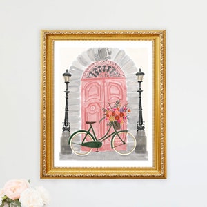 Pink Door Bike Bicycle With Flowers Basket Art Print Travel Paris Italy Wall Decor Colorful City Floral Flowers Painting Illustration