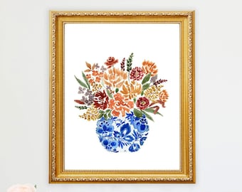 Fall Flowers Art Print Bouquet Floral Watercolor Autumn Colors Blue White Vase Ginger Jar Apartment Grand Millenial Style Wall Art Decor